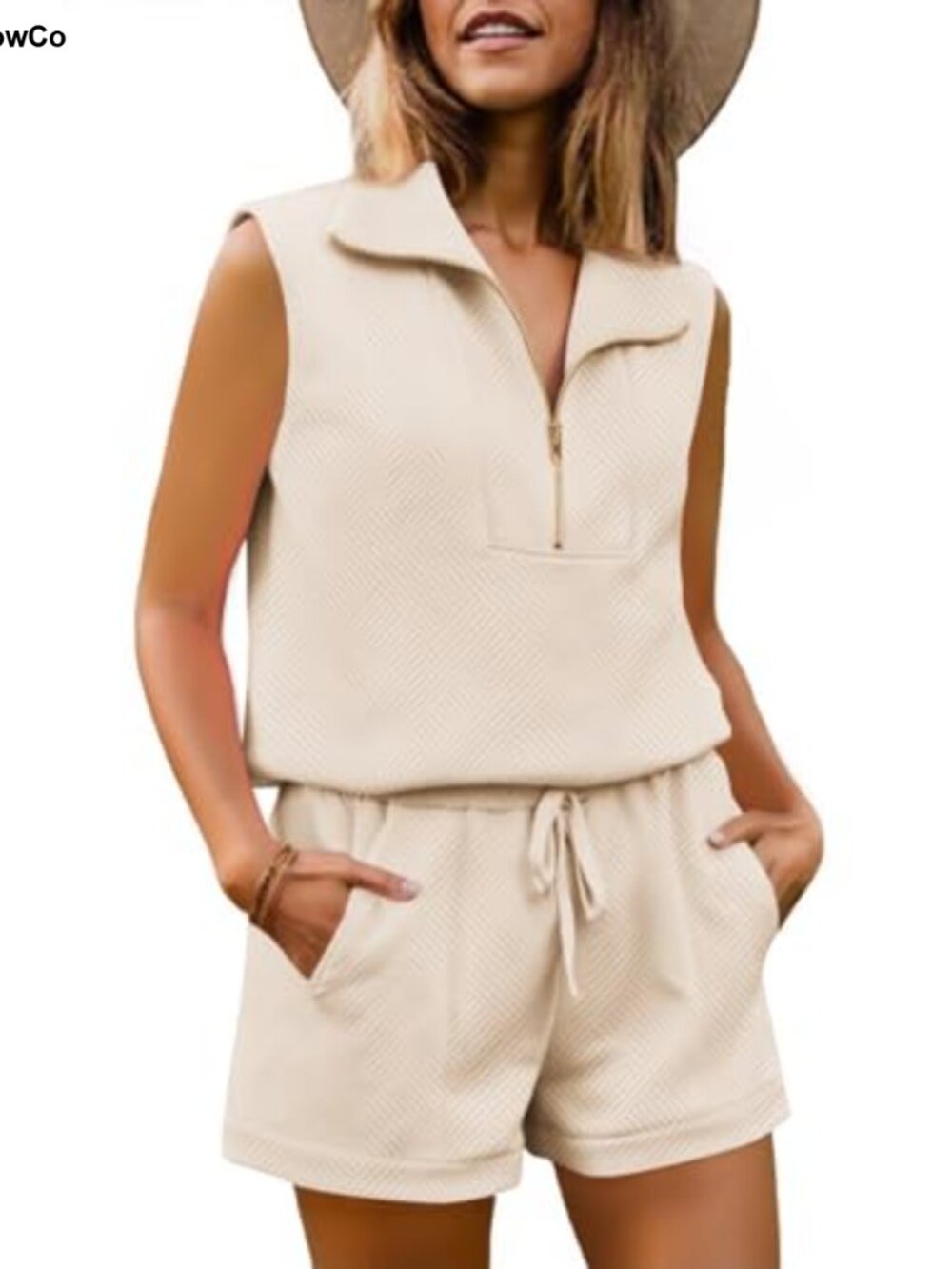 Womens 2 Piece Short Set Half Zip Sleeveless Top Drawstring Shorts Loungewear